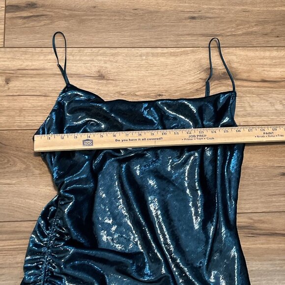 Cinq a Sept Shiny Astrid Mini Dress SZ 12 Teal Topaz Ruched Side Zip Adjustable - Picture 5 of 11